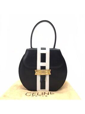 Celine Leather Ribbon Hand Bag Navy Gold